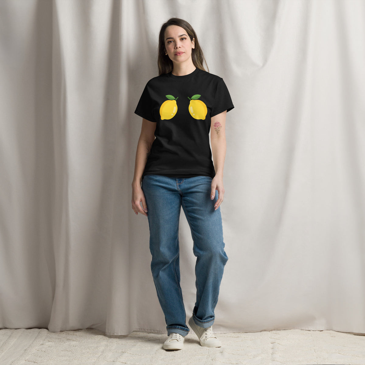 Model wearing the Lemons t-shirt in black #Black