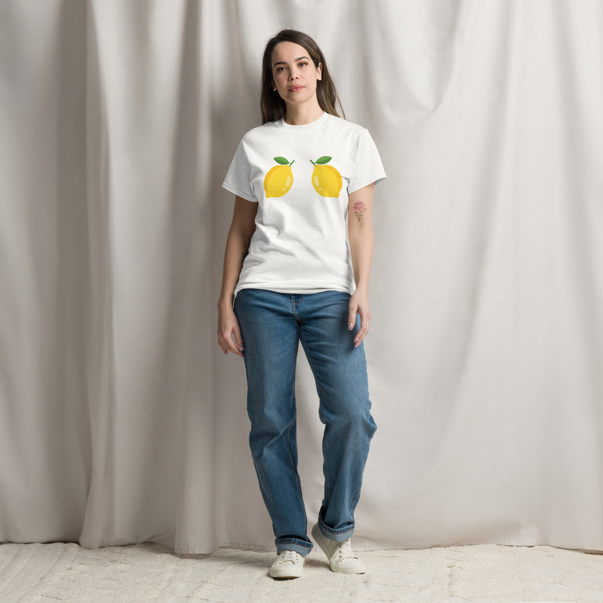 Model wearing the Lemons t-shirt in white #White